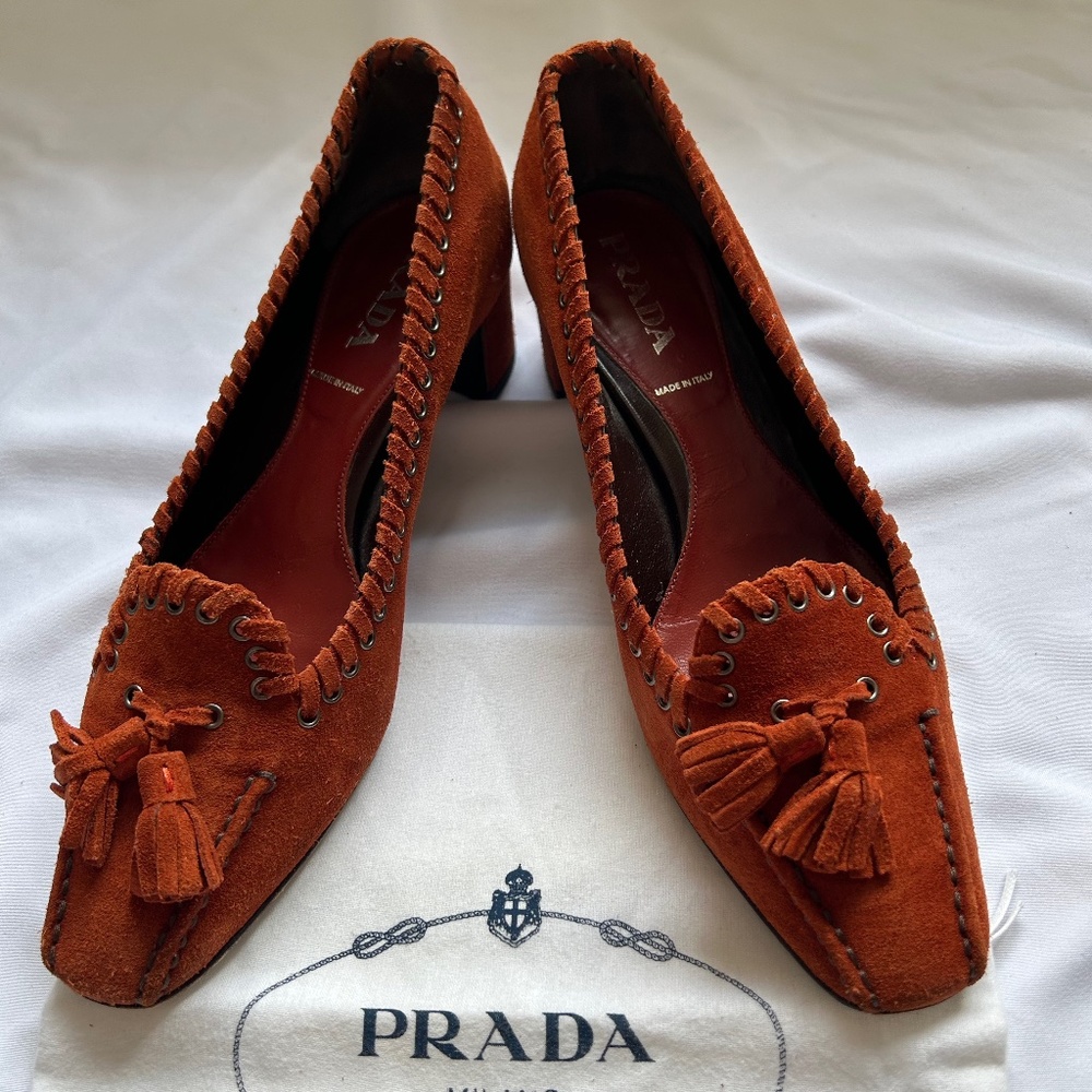 Prada Orange Suede, Tasseled, Mid-Heels